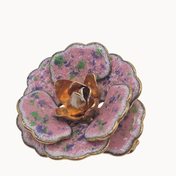 VTG Brooch Pastel Pink Rainbow Speckled Enamel Gold Tone Cute Summer Floral Pin - Picture 1 of 10